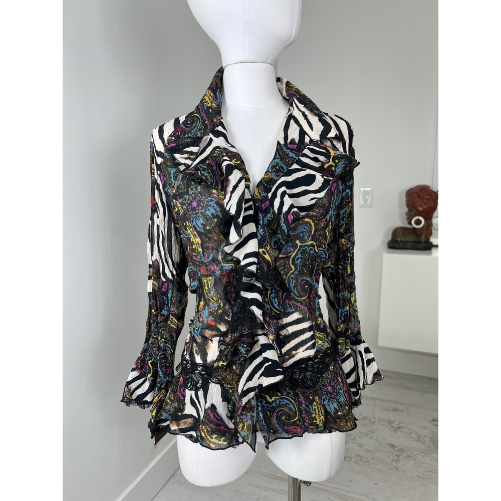 Y2K Le Caviar Animal Paisley Print Lace Button Down Bell Sleeve Blouse Size XL
